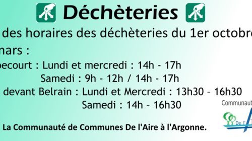 Déchèteries : Horaire hiver